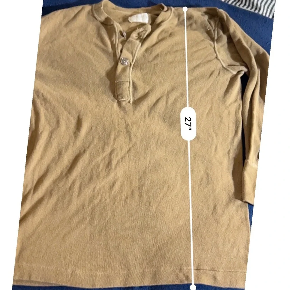 Vintage US Military Henley Undershirt Tan Wool Blend Single Stitch Large